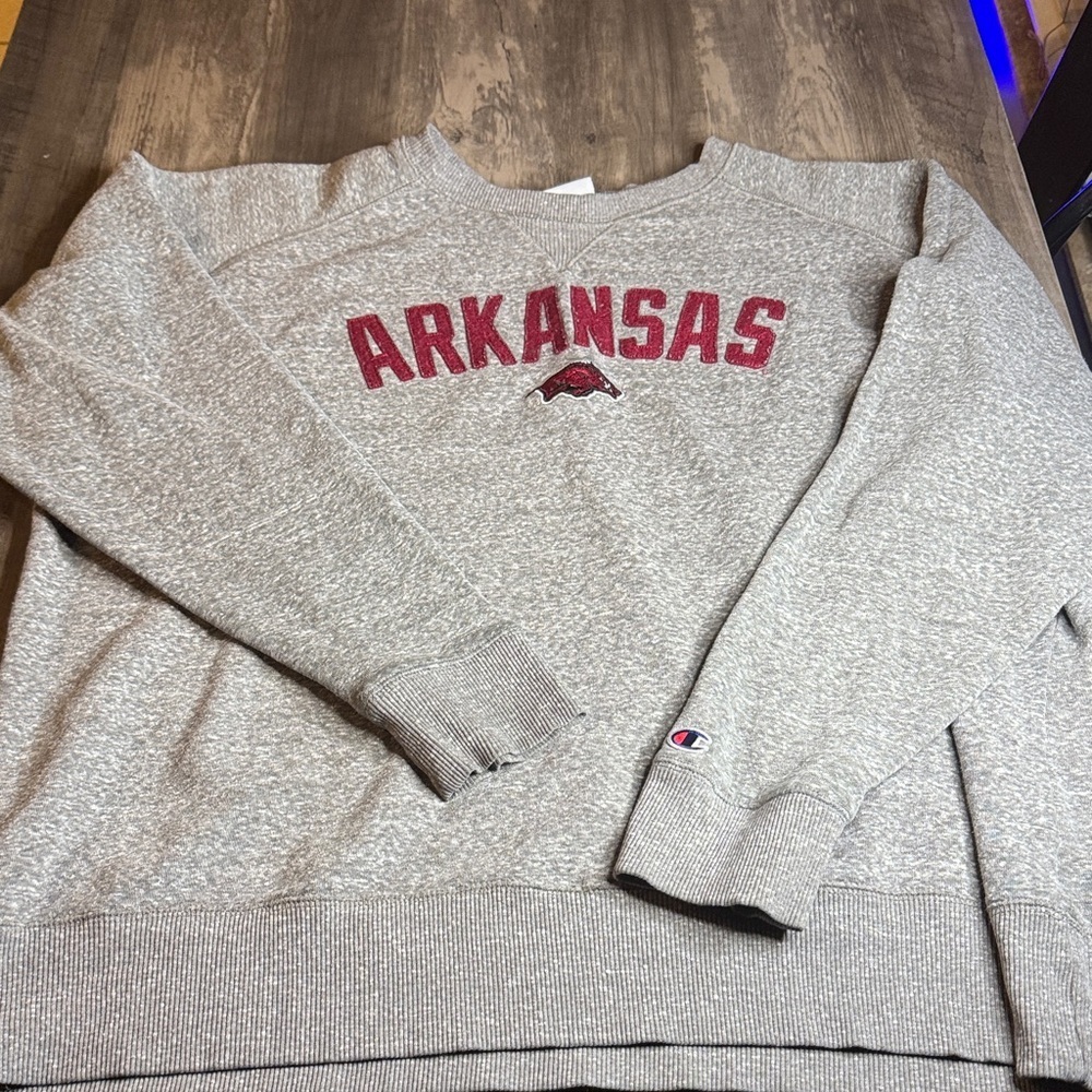 Champion Gray Sweatshirt with Red Arkansas Razorbacks Logo